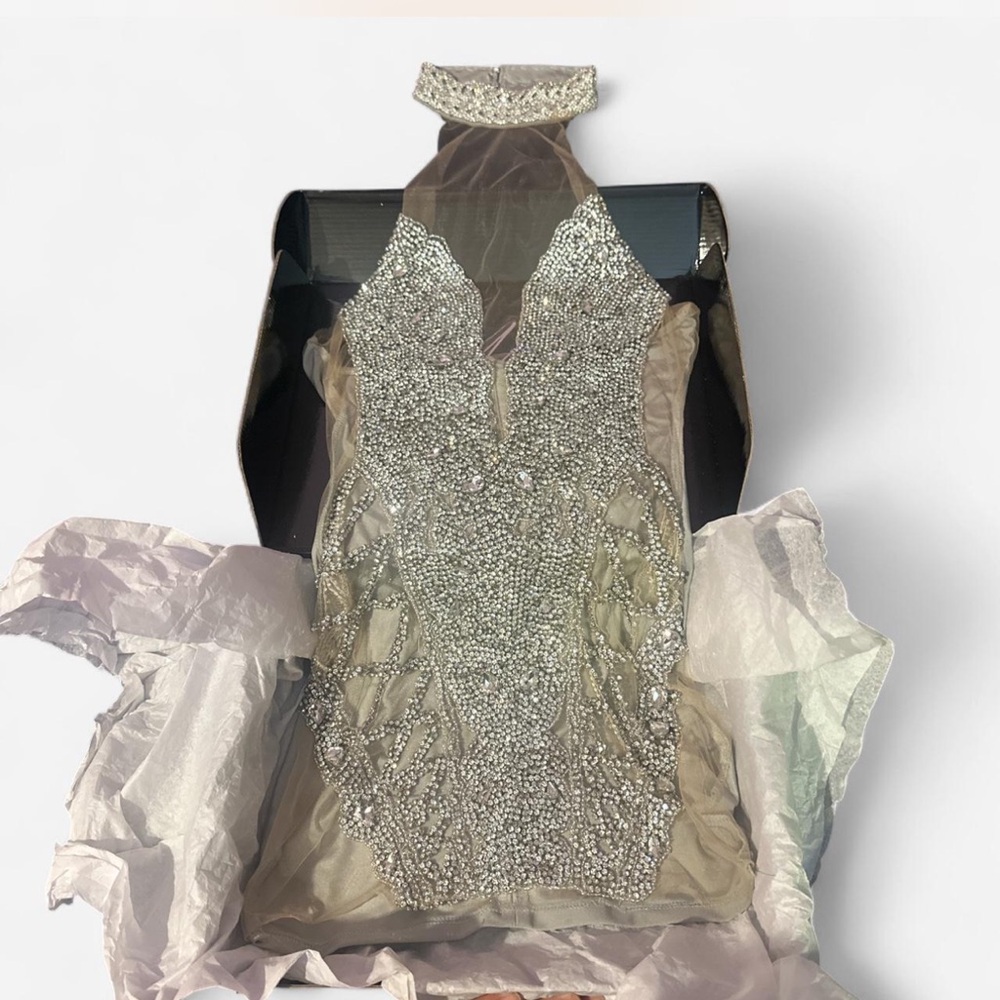 Elegant Silver Beaded Backless Dress